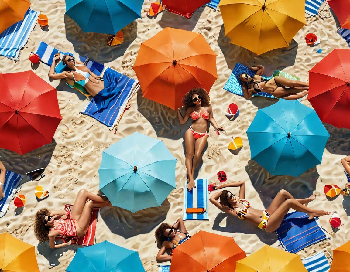 A vibrant beach scene featuring diverse individuals lounging stylishly in trendy swimwear under a bright sun. Include colorful umbrellas, beach towels, and sunglasses, with a refreshing ocean in the background. Capture the essence of summer fun and fashion, emphasizing the different swimwear styles and accessories. vibrant colors. super-realistic.
